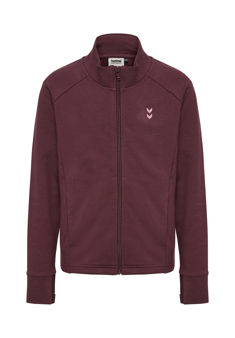 Bordeauxfärgad zip-up jacka med hög krage, långa ärmar och ribbade manschetter. Har en liten rosa logotyp med chevrondetaljer på bröstet.