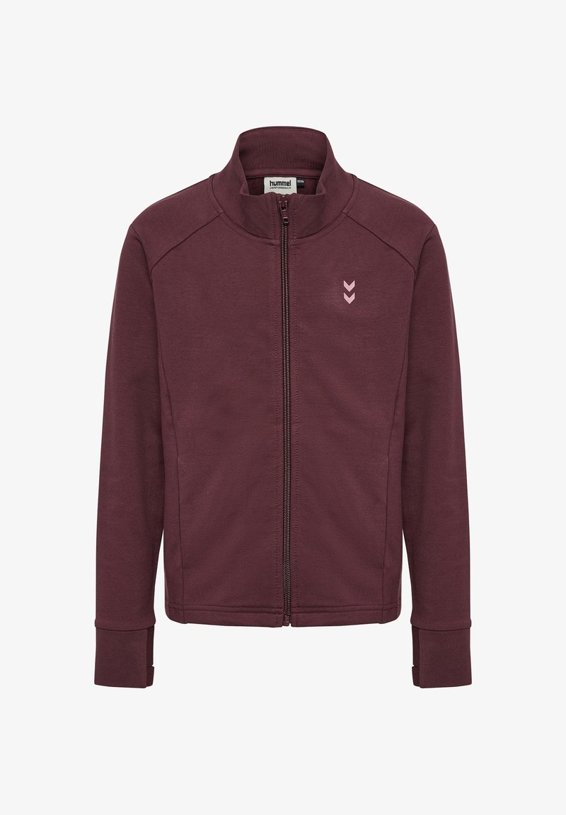 Bordeauxfärgad zip-up jacka med hög krage, långa ärmar och ribbade manschetter. Har en liten rosa logotyp med chevrondetaljer på bröstet.