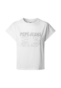 T-shirt cropped en coton blanc avec des épaules tombantes, présentant un imprimé texturé du nom de la marque "Pepe Jeans" en différentes tailles.