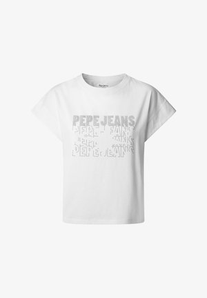 Biele bavlnené skrátené tričko s prehodenými ramenami, so štruktúrovaným tlačeným nápisom značky "Pepe Jeans" v rôznych veľkostiach.