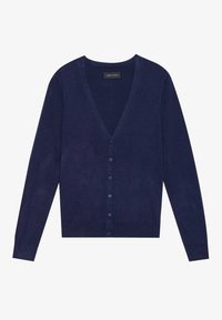 Marinblå kofta av mjukt tyg, med V-ringning, långa ärmar och knappstängning fram med ribbad nederkant och muddar.