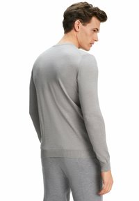 Grauer Strickpullover mit langen Ärmeln und gerippten Bündchen, der eine glatte Textur und ein einfaches Design aufweist. Die Rückansicht zeigt keine sichtbaren Muster.