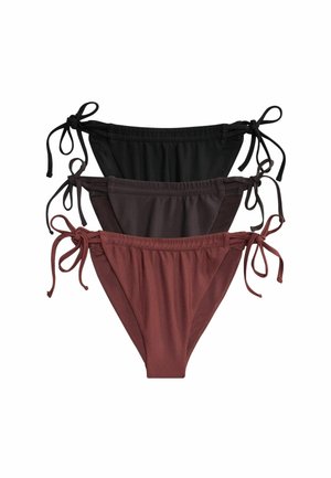 Three women's bikini bottoms in black, dark brown, and rust colors, each with side tie strings, layered on a white background.