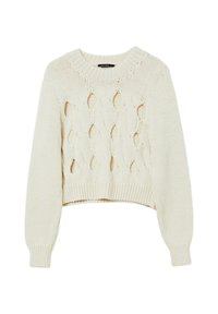 Maglione crema a maglia cable con scollatura rotonda, maniche lunghe e vestibilità cropped. Presenta un motivo traforato e polsini e orlo a coste.