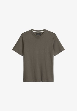 Effen olijfgroen katoenen T-shirt met korte mouwen en ronde hals, plat weergegeven, voorzijde en Marc O'Polo-label in de kraag zichtbaar.