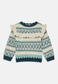 Strickpullover mit einer cremefarbenen Basis und geometrischen Mustern in Türkis und Blau. Mit einem gewellten Kragen und einem wellenförmigen Saum. Lange Ärmel. Weicher Stoff.