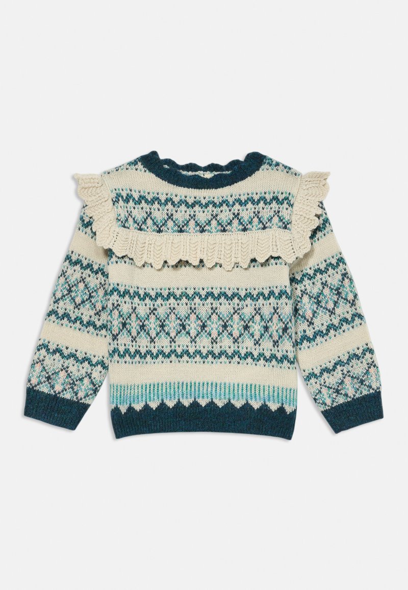 Strickpullover mit einer cremefarbenen Basis und geometrischen Mustern in Türkis und Blau. Mit einem gewellten Kragen und einem wellenförmigen Saum. Lange �Ärmel. Weicher Stoff.