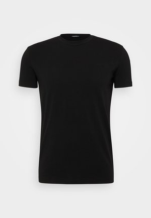 Schwarzes kurzärmliges T-Shirt aus Baumwolle, mit klassischem Rundhalsausschnitt, glatter Textur und schlichtem Design.