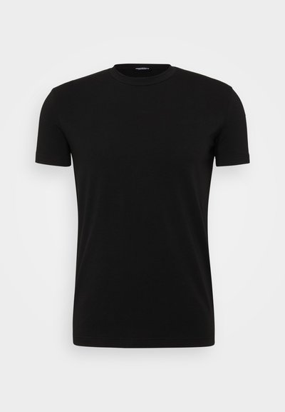 T-shirt nera a maniche corte in cotone, con un classico colletto girocollo, texture liscia e design semplice.