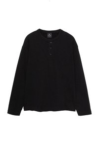Schwarzes Langarm-Henley-Shirt aus Baumwolle, mit Rundhalsausschnitt, einer dreiknöpfigen Knopfleiste und geradem Saum. Weiche Textur.