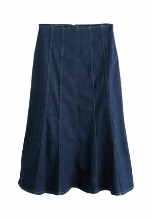 Tumši zila džinsa svārki ar zvana piegriezumu, redzamu šuvju dekoru un vertikāliem paneļu akcentiem, aizmugurē ar rāvējslēdzēja aizdari.