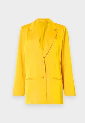 Blazer giallo realizzato in tessuto liscio, con colletto a scialle, due tasche frontali e due bottoni per la chiusura. Vestibilità sartoriale, maniche lunghe.