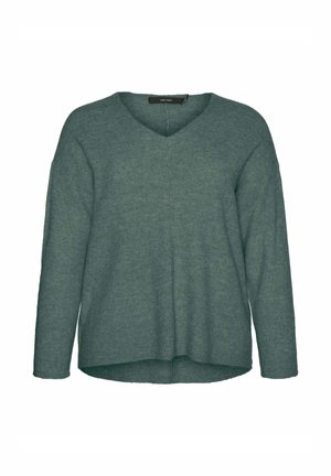 Pull vert ample à manches longues avec décolleté en V et ourlet arrière légèrement plus long.