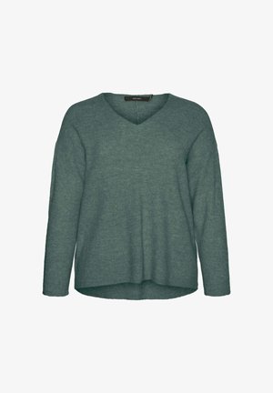 Pull vert ample à manches longues avec décolleté en V et ourlet arrière légèrement plus long.