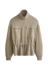 Béžová bundu na zips s vysokým golierom, dvoma prednými vreckami a sťahovacím pásom. Mäkka tkanina s hladkým povrchom a voľným strihom.