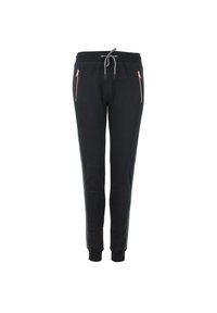 Pantalones de chándal negros con cinturilla ajustable, que cuentan con dos bolsillos con cremallera y detalles en oro rosa, y puños ajustados en los tobillos.