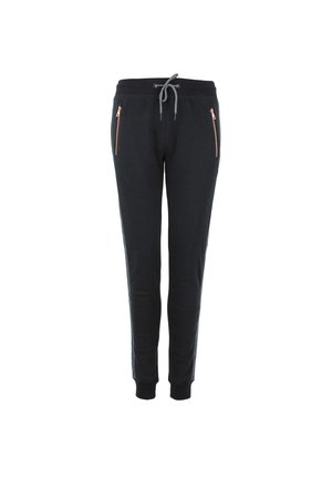 Pantalones de chándal negros con cinturilla ajustable, que cuentan con dos bolsillos con cremallera y detalles en oro rosa, y puños ajustados en los tobillos.