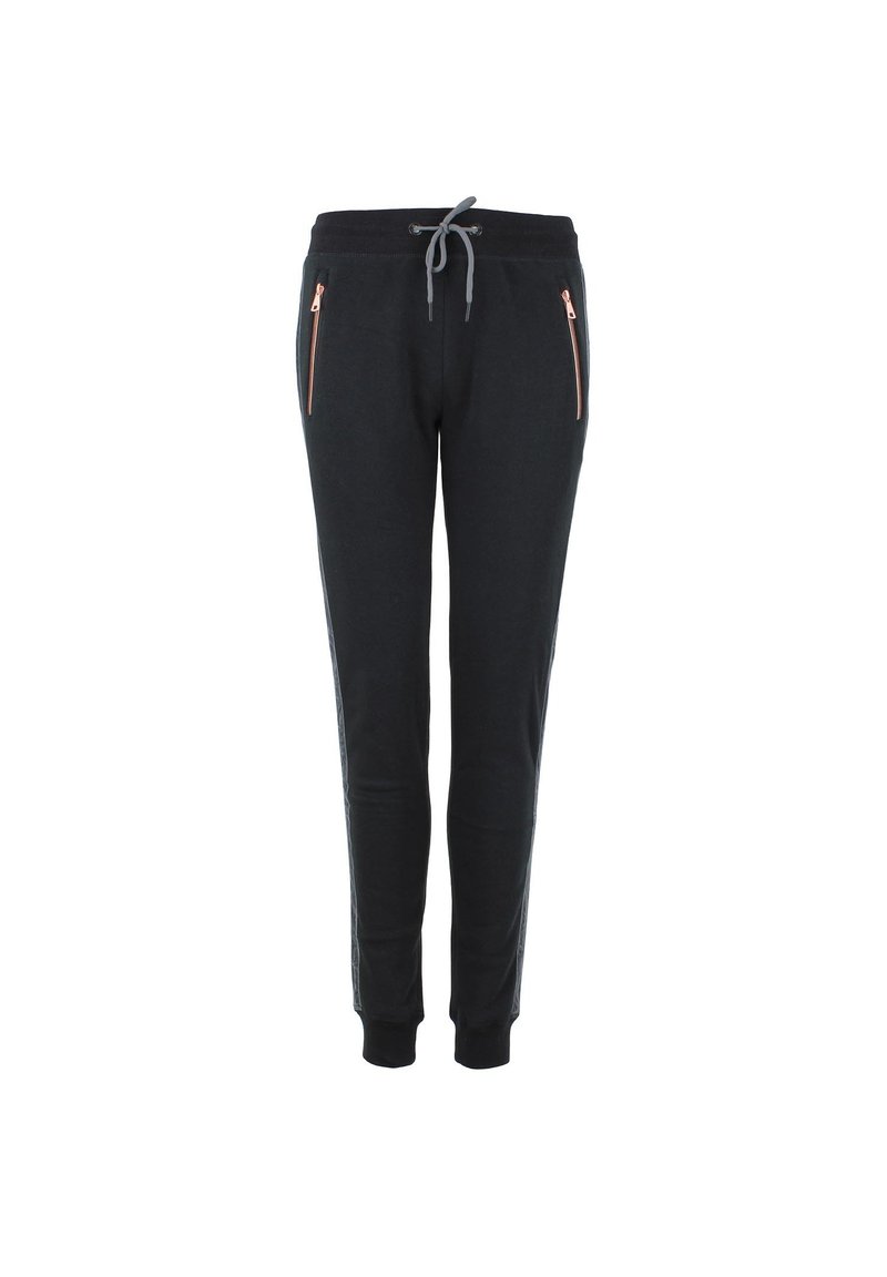 Pantalones de chándal negros con cinturilla ajustable, que cuentan con dos bolsillos con cremallera y detalles en oro rosa, y puños ajustados en los tobillos.