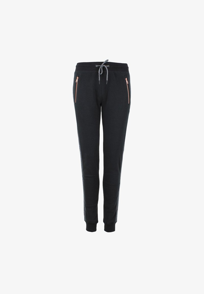 Zwarte sweatpants met een koord in de taille, voorzien van twee ritszakken met roségouden accenten en aansluitende boorden bij de enkels.