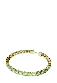 Goldene Armbänder mit verknüpften ovalen grünen Edelsteinen, die mit einer polierten Oberfläche und einem sicheren Verschlussdesign ausgestattet sind.