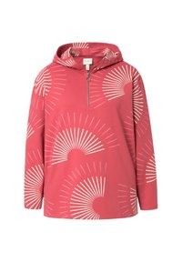 Hoodie rose avec un col à zip quart, arborant un motif en forme de ventilateur blanc. Fabriqué en tissu doux, avec des manches longues et une coupe décontractée.
