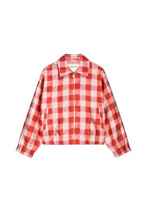 Red and pink checkered zip-up jacket with collar, elastic cuffs, and hem, featuring two side pockets.