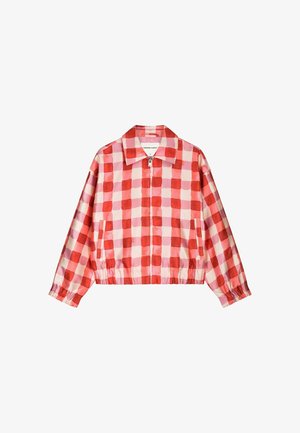 Red and pink checkered zip-up jacket with collar, elastic cuffs, and hem, featuring two side pockets.