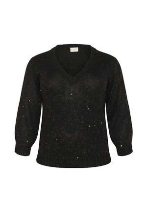 Black knitted sweater with a V-neck, long sleeves, and embellished with silver specks. Textured, relaxed fit, and ribbed hem and cuffs.