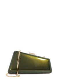 Green metallic clutch with a geometric design, featuring a detachable gold chain strap and a clasp embellished with rhinestones.