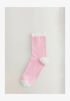 Rozā un baltas svītras potītes zeķe ar ribotu aproci, pastiprinātu papēdi un gludu tekstūru. Klasisks svītru raksts visā zeķē.