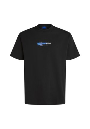 Fekete pamut póló rövid ujjakkal és kerek nyakkal. Az elején kék és fehér grafikus szövegnyomás található, amely "KARL LAGERFELD JEANS" feliratot tartalmaz.