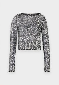 Svart langermet crop topp med sølvfargede blomsterpaillett og gjennomsiktig mesh-base, med rund hals.
