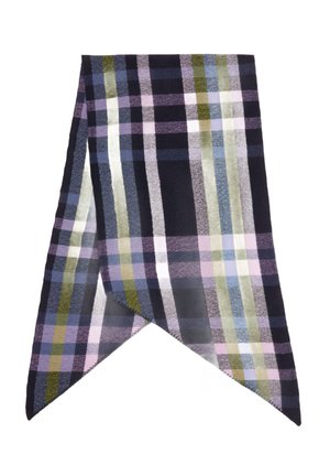 Écharpe à carreaux présentant un mélange de couleurs marine, violet, vert et rose. Tissu doux avec des extrémités pointues et des motifs à carreaux texturés.