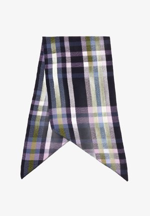 Geruite sjaal met een mix van marineblauw, paars, groen en roze kleuren. Zachte stof met puntige uiteinden en een gestructureerd ruitpatroon.