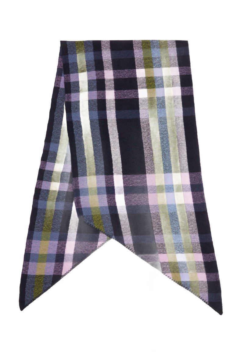 Écharpe à carreaux présentant un mélange de couleurs marine, violet, vert et rose. Tissu doux avec des extrémités pointues et des motifs à carreaux texturés.
