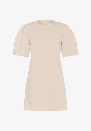 Bézs, rövid ujjú, testhez simuló ruha kerek nyakkivágással és látható hátul zippzárral, térd alá érő, letisztult, minimalista kialakítással.