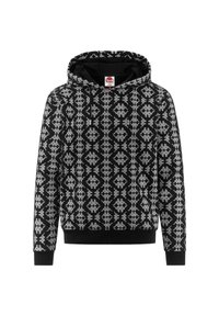Felpa nera con motivo geometrico grigio, maniche lunghe e cappuccio con cordino. Presenta polsini e orlo a coste, con un'etichetta del logo all'interno del colletto.