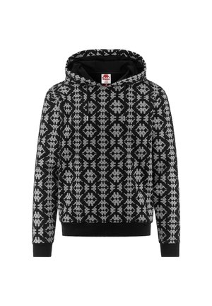 Felpa nera con motivo geometrico grigio, maniche lunghe e cappuccio con cordino. Presenta polsini e orlo a coste, con un'etichetta del logo all'interno del colletto.