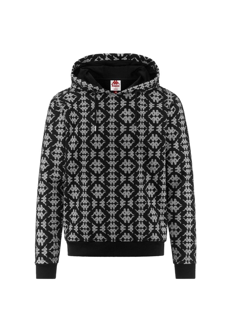 Felpa nera con motivo geometrico grigio, maniche lunghe e cappuccio con cordino. Presenta polsini e orlo a coste, con un'etichetta del logo all'interno del colletto.