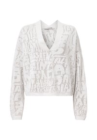 Weißer, kürzer geschnittener Pullover mit Strickmuster, V-Ausschnitt und langen Ärmeln; verfügt über geschichtete Textdesigns im gesamten Design.