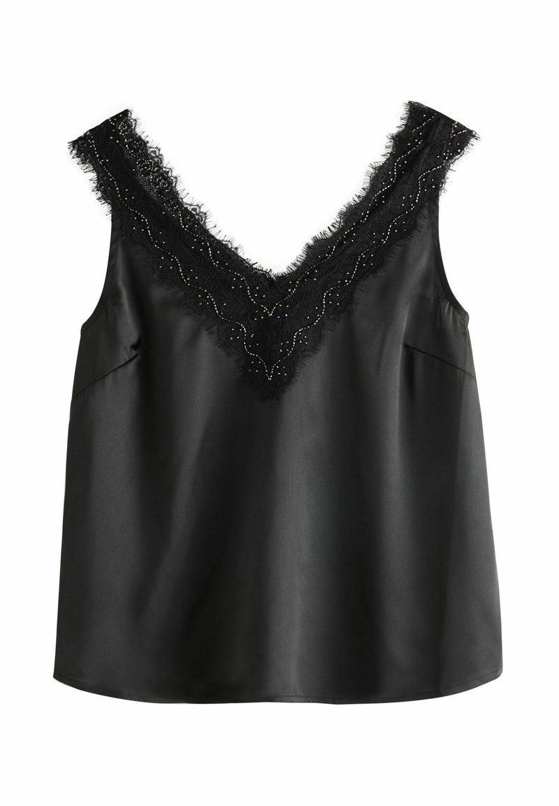 Črna satenasta majica s širokimi naramnicami in globokim V-izrezom, okrašena z čipkastim trakom z biseri vzdolž izreza in nežnimi resicami.