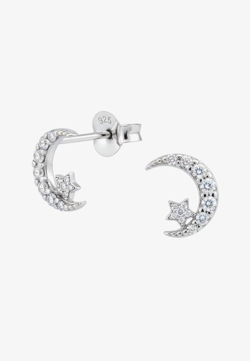 Orecchini a forma di mezzaluna argentata con accenti a forma di stella, caratterizzati da gemme trasparenti e una finitura lucida. Marcati 925 per argento sterling.