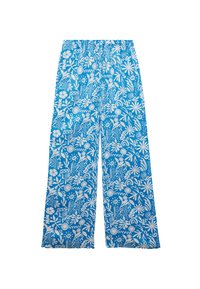 Niebieskie spodnie w wzory z białymi kwiatowymi i abstrakcyjnymi wzorami, z elastycznym pasem i szerokim krojem nogawki.