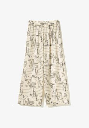Lyse beige vidde bukser med elastisk talje, med et blomstret og geometrisk mønster i mørkebrun. Glat bomuldsstof.