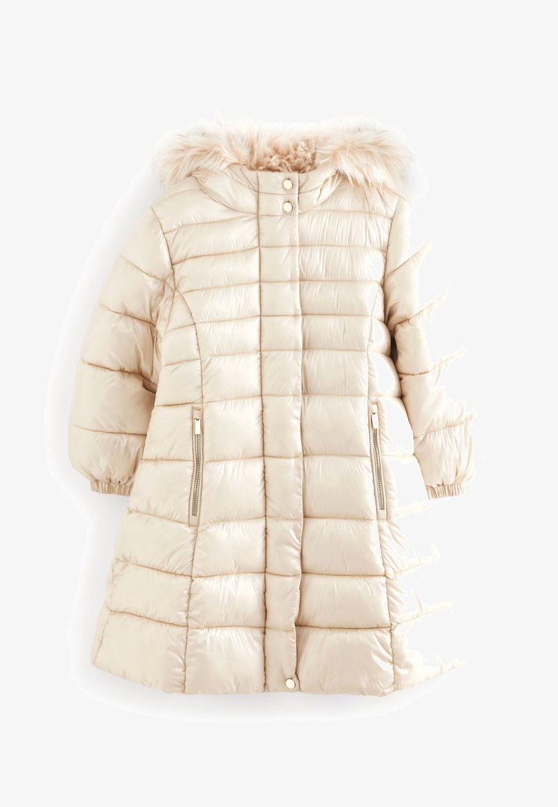 Doudoune enfant couleur crème avec surpiqûres matelassées, deux poches zippées, poignets élastiques, boutons-pression et capuche bordée de fausse fourrure.