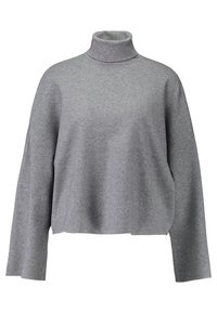 Haut à col roulé en maille grise avec une coupe décontractée, épaules tombantes et manches longues ; texture douce, ourlet légèrement raccourci.