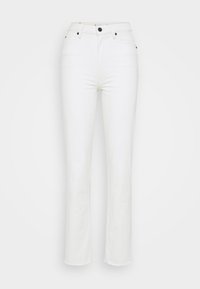 Hvite denimjeans med rett snitt, fem-lommers design, rå kant, svart metallknapp og subtile sømdetaljer. Klassisk uformell bekledning.