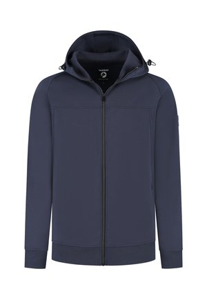 Haut de sweat à capuche zippé bleu marine avec capuche à cordon réglable, poignets et ourlet côtelés, présenté sur un fond blanc.