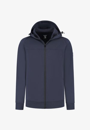Navyblauwe aansluitende hoodie met rits, verstelbare trekkoordkap, ribgebreide manchetten en zoom, weergegeven op een witte achtergrond.