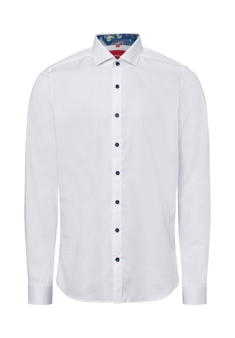 Weißes Langarmhemd mit Button-down-Kragen, ausgestattet mit dunkelblauen Knöpfen. Der innere Kragen hat ein florales Muster in Blau und Grün.